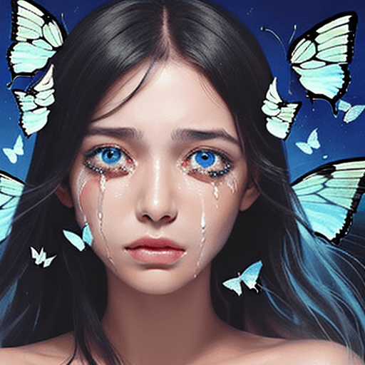 AI generated: a painting of a face with tears transforming into butterflies.