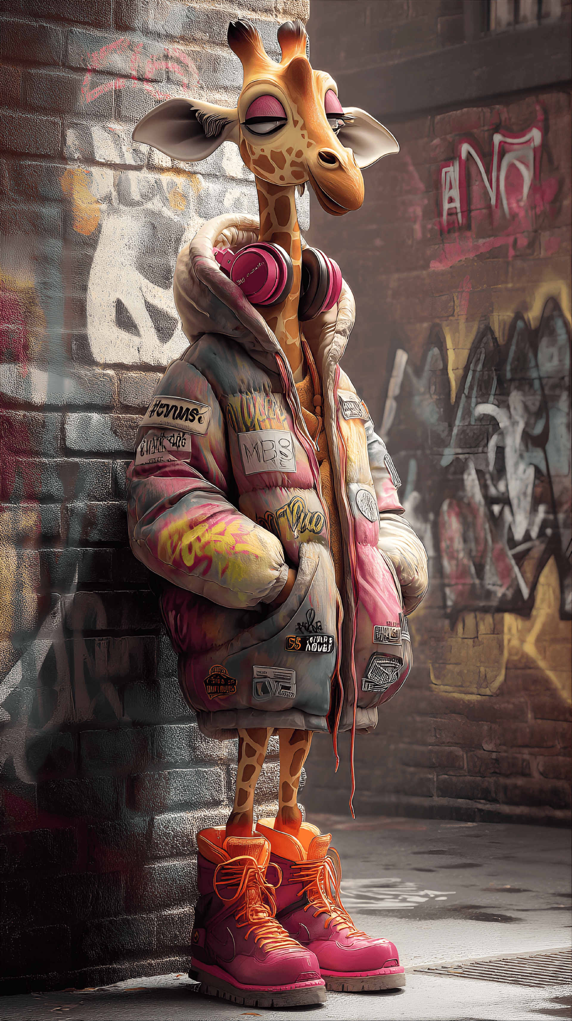 AI generated: Cartoon giraffe wearing oversized, colorful, graffiti-style jacket with patches, pink headphones, an...