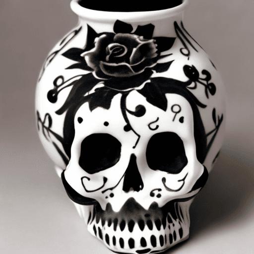 AI generated: white pottery, black day of the dead skull
