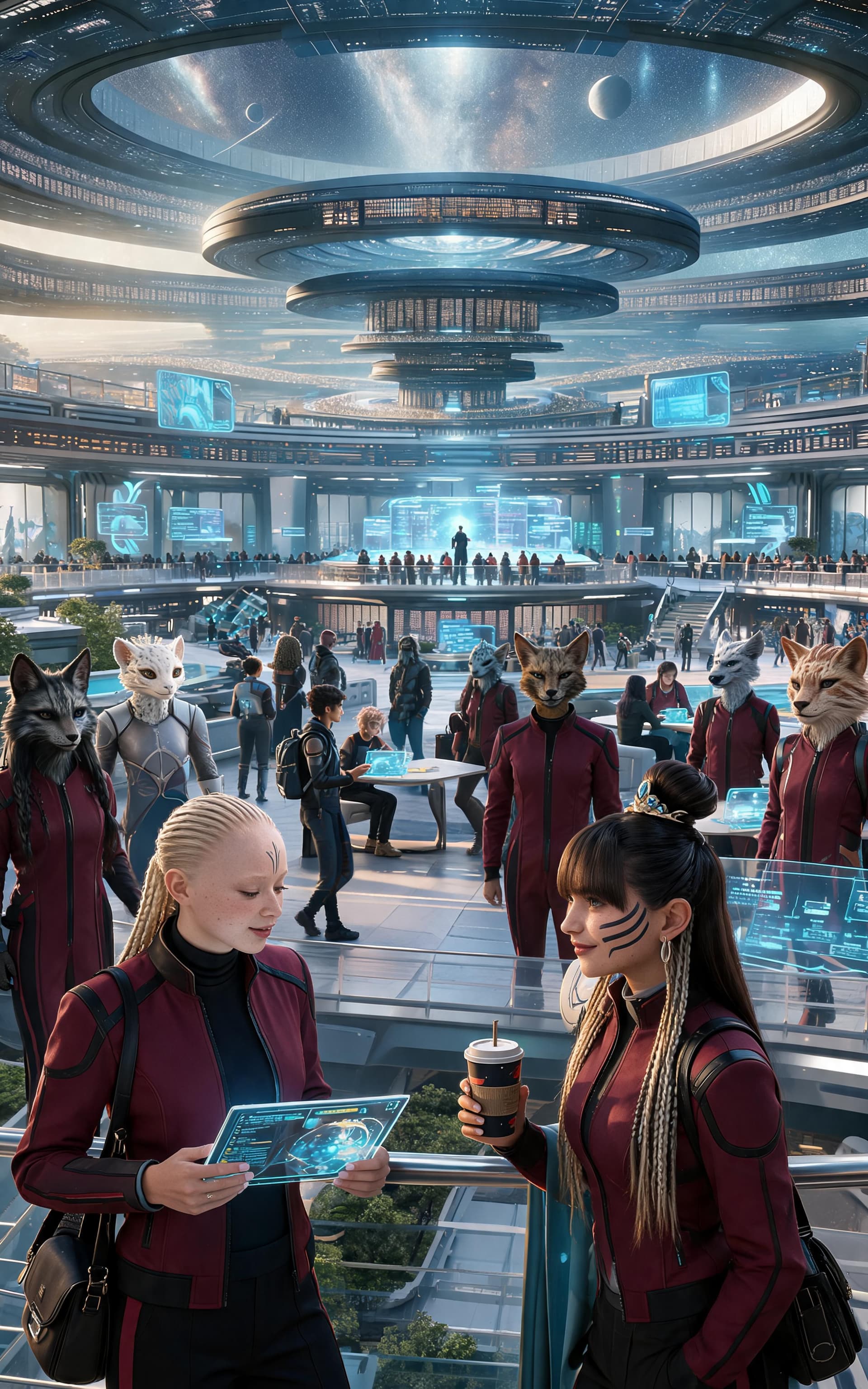 AI generated: Create a highly cinematic, ultra-realistic scene depicting everyday life inside the Galaxial Vora'di...