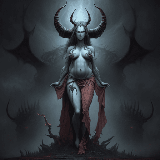AI generated: By Zdzisław Beksiński, masterpiece, full body shot, horned demoness, bewitching beauty, goddess of h...