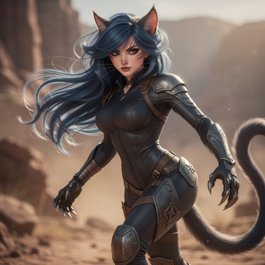 AI generated: The image depicts a highly stylized, digitally rendered humanoid feline character in a fantasy art s...