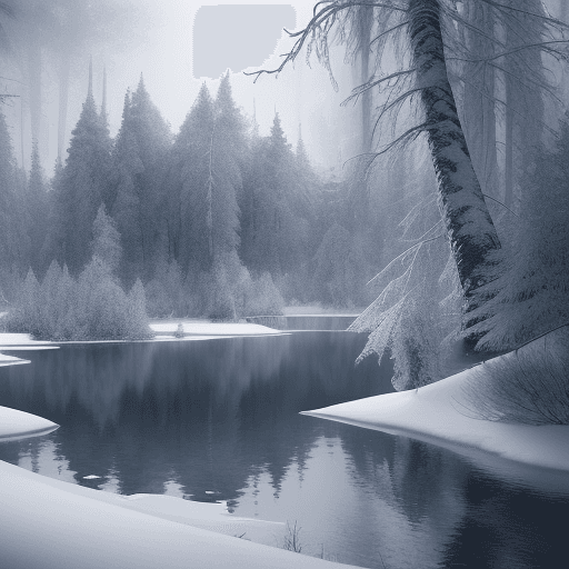 AI generated:  small lake surrounded by a frozen taiga forest, snow on the trees, winter, complex details, masterp...