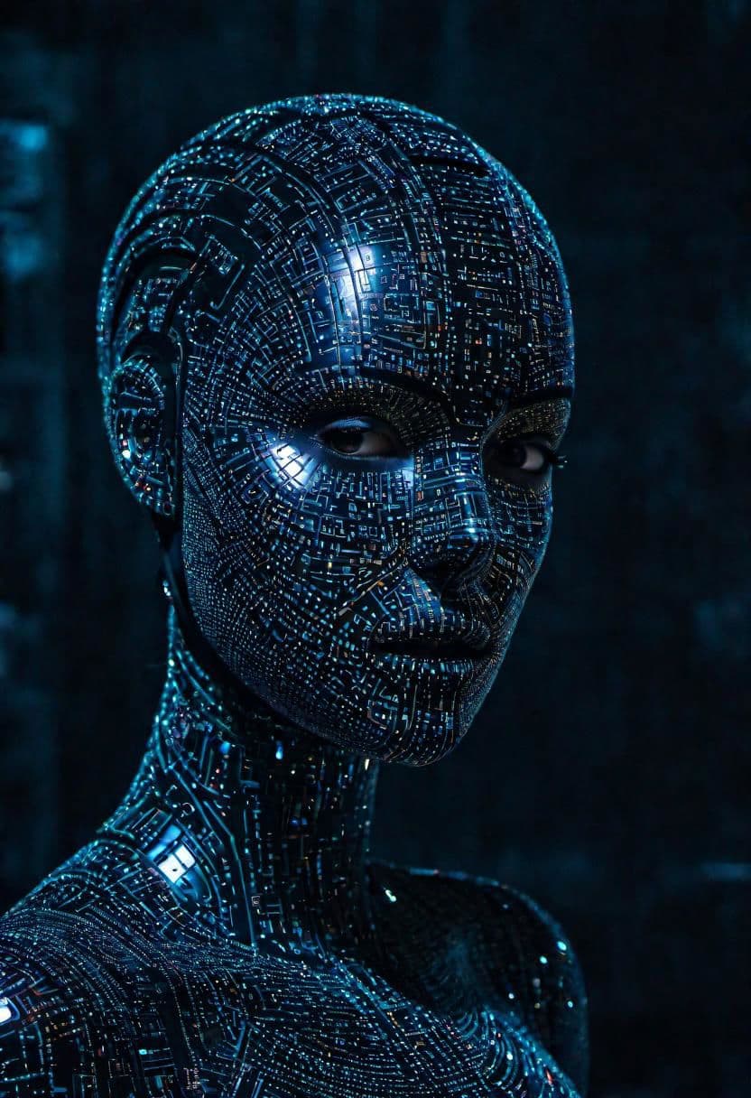 AI generated: Hyperdetailed photo, Mid Shot Photo, murderbot by matha wells, female, (human:robot:0.2), opaque mas...