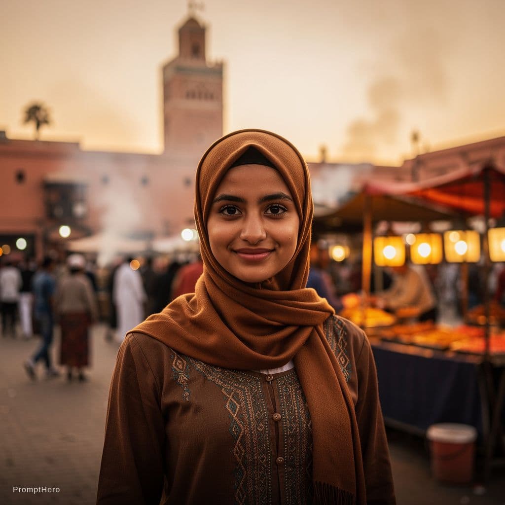 AI generated: I want a moroccon woman with Hijab and she is in jemmaa lefna  in Marrakech
