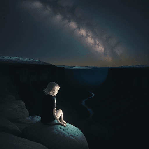 AI generated: A lonely girl, sitting on a rock, at night, looking to a valley, watching the milky wave
