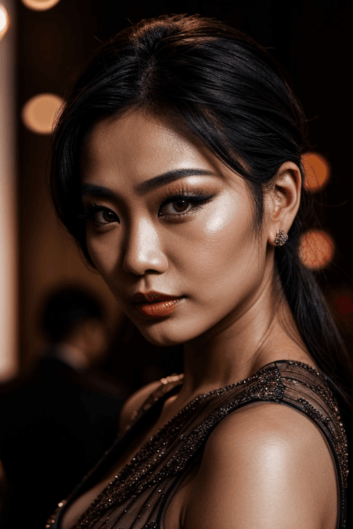 AI generated: Medium close-up,photograph of,an asian woman, smoky makeup, evening gown, cinematic 4k epic detailed...