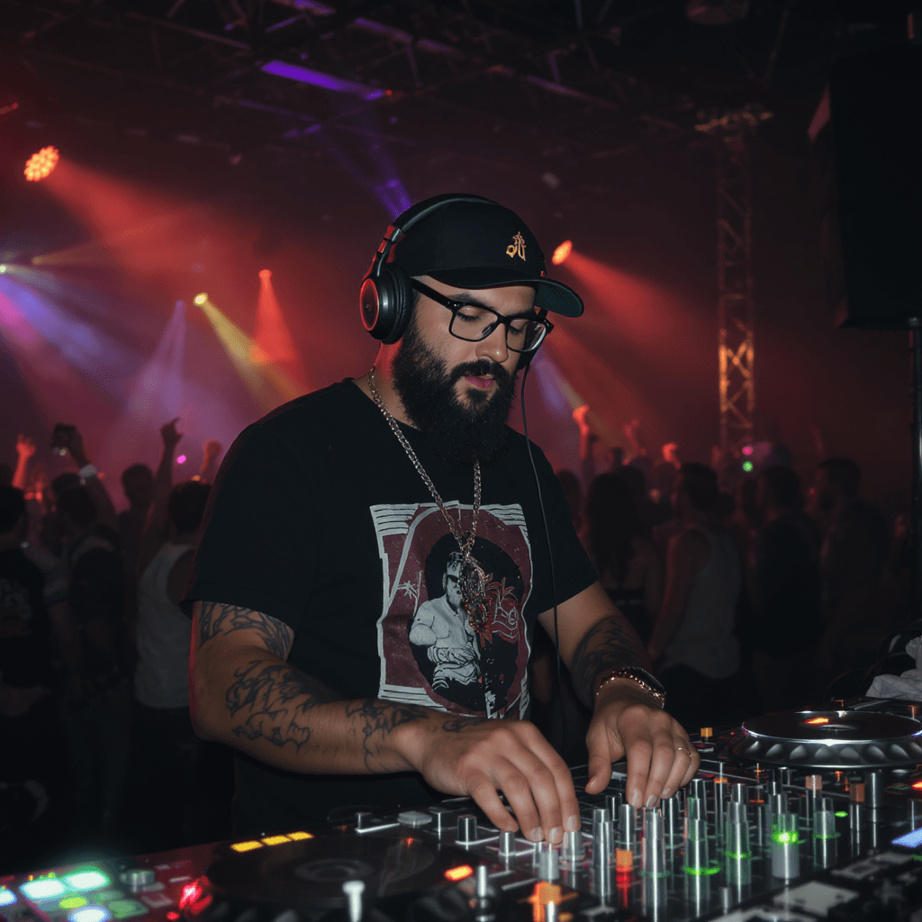 AI generated: A DJ with a beard and glasses wearing a baseball cap and a black T-shirt, headphones, entertainment ...