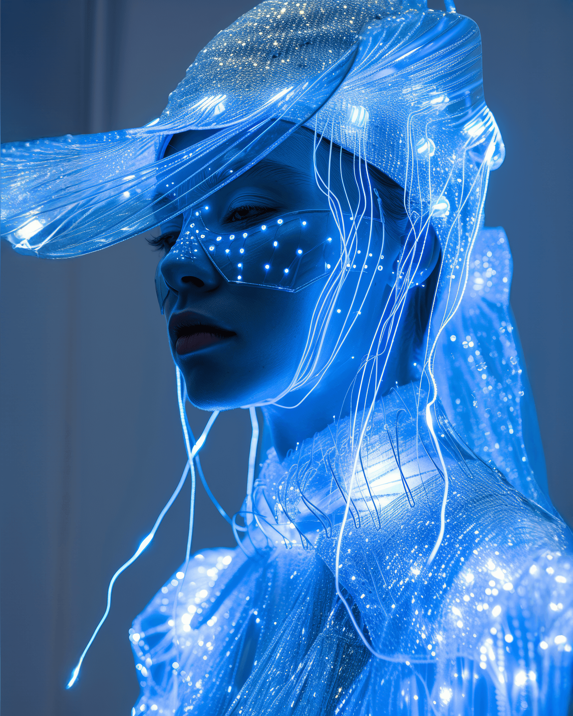 AI generated: a woman in a costume wearing a blue light, in the style of textural layers, kaja foglio, harry berto...