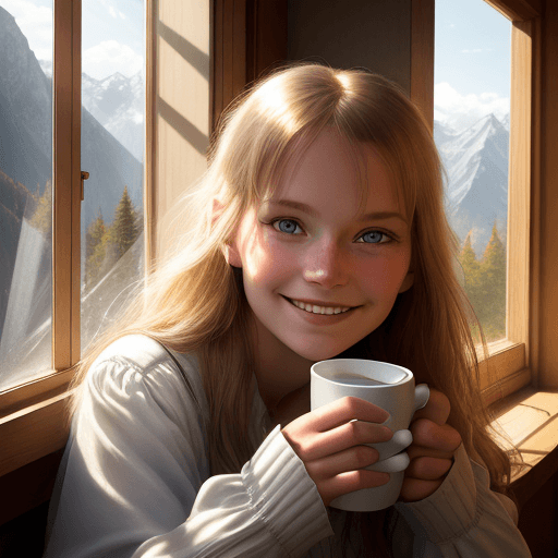 AI generated: foportrait photo of a happy girl, leaning on the sill of an open window, in the morning, holding a s...