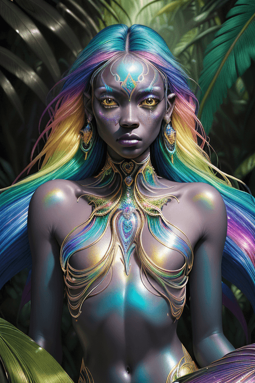 AI generated: This magnificent half human creature with rainbow iridescent skin color, shiny and sparkling, in the...