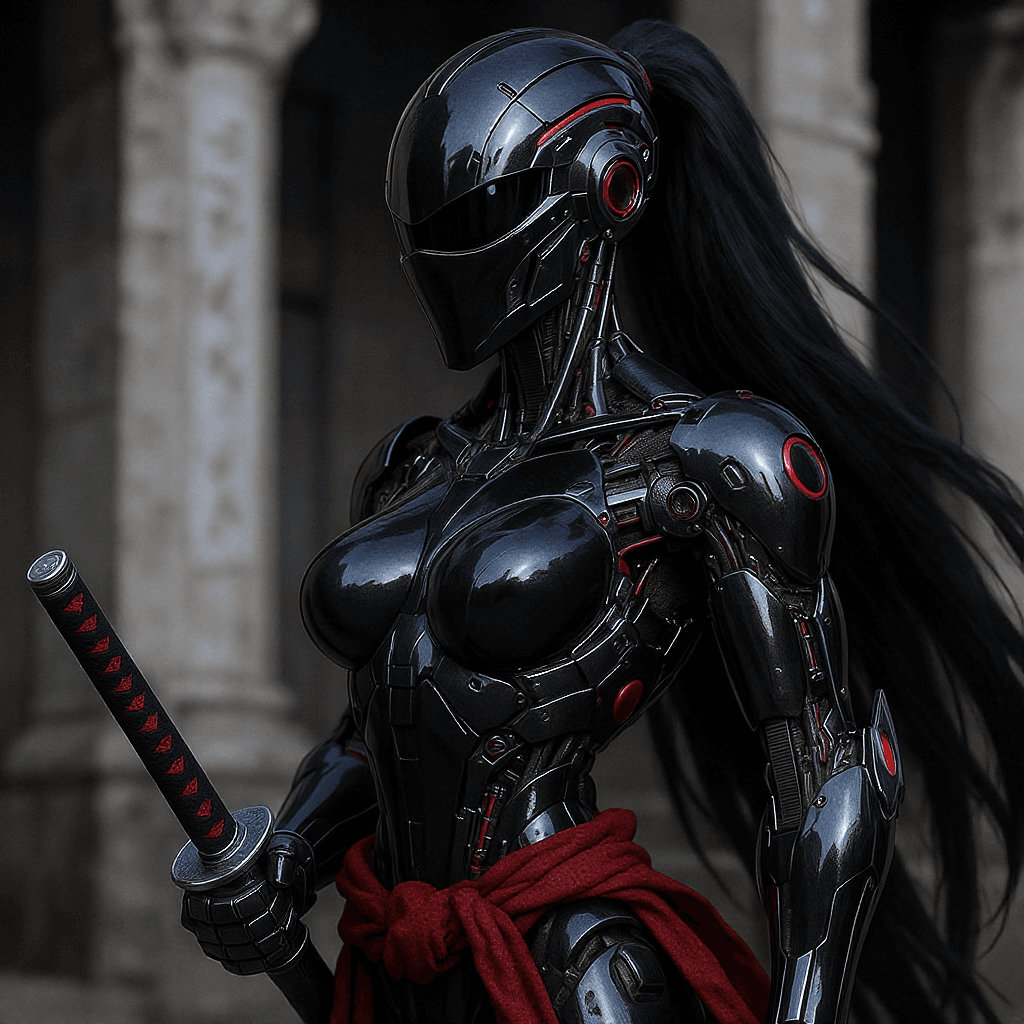 AI generated: The image depicts a highly detailed and stylized depiction of a ((humanoid woman ninja warrior robot...
