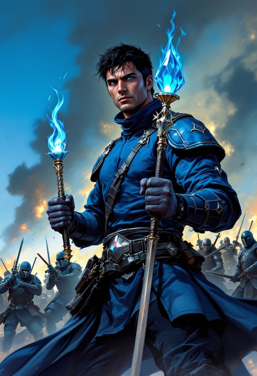 AI generated: Book cover-quality, battle scene, a few armored samurai and ninjas fighting a few soldiers in blue-g...