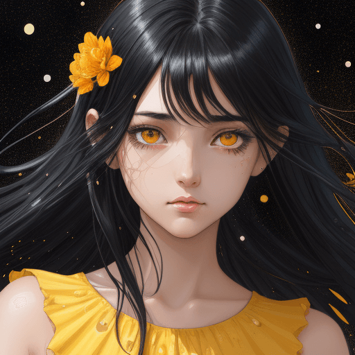 AI generated: illustration of a girl with black hair, dark brown eyes, art print, in the style of dark yellow and ...
