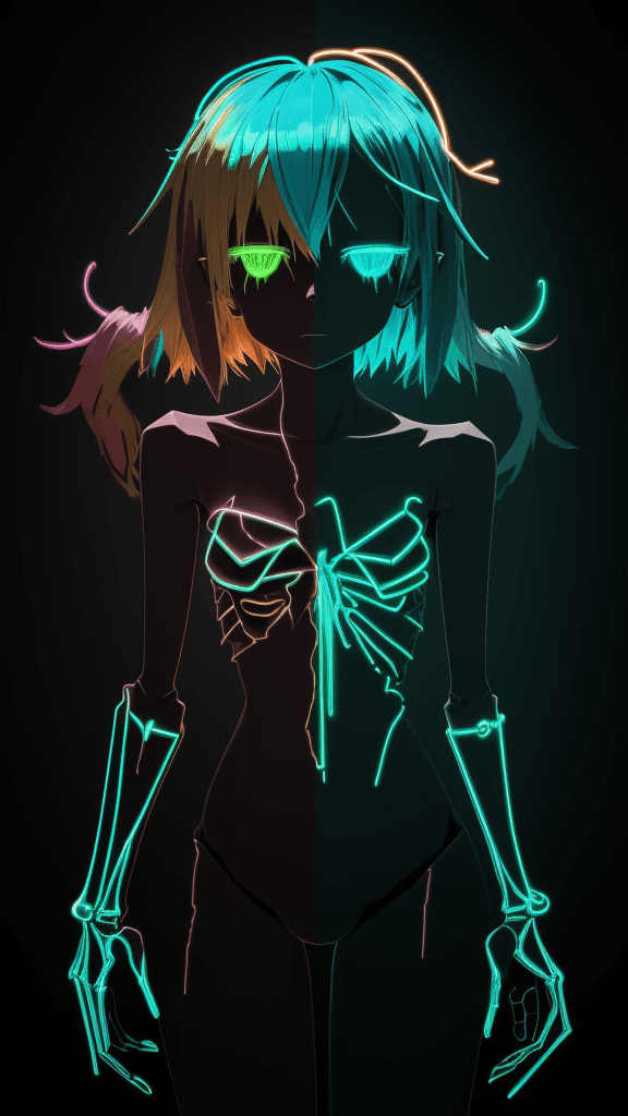 AI generated: a neon smashed up wall with a light coming out in the middle, in the style of anime art, skeletal, l...