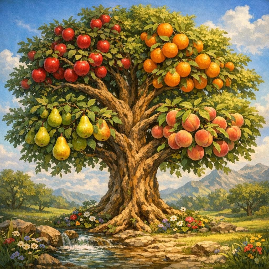 AI generated: full length fantasy image of a tree that grows different small fruits (apples, oranges, pears and pe...