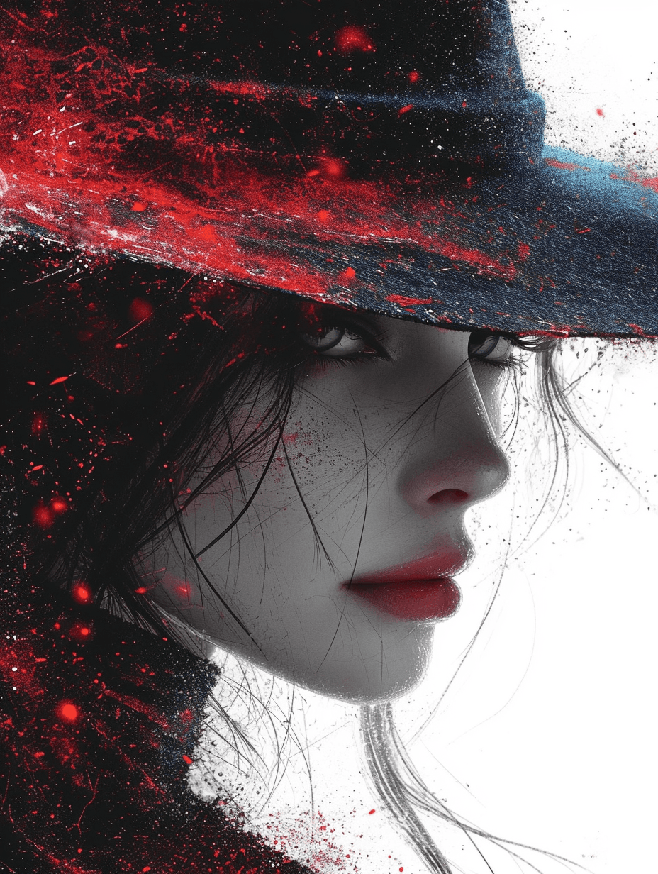 AI generated: Female hat by msra eve, msra eve art, Red and blue hat, enchanting, glamorous elegance, flowing silh...