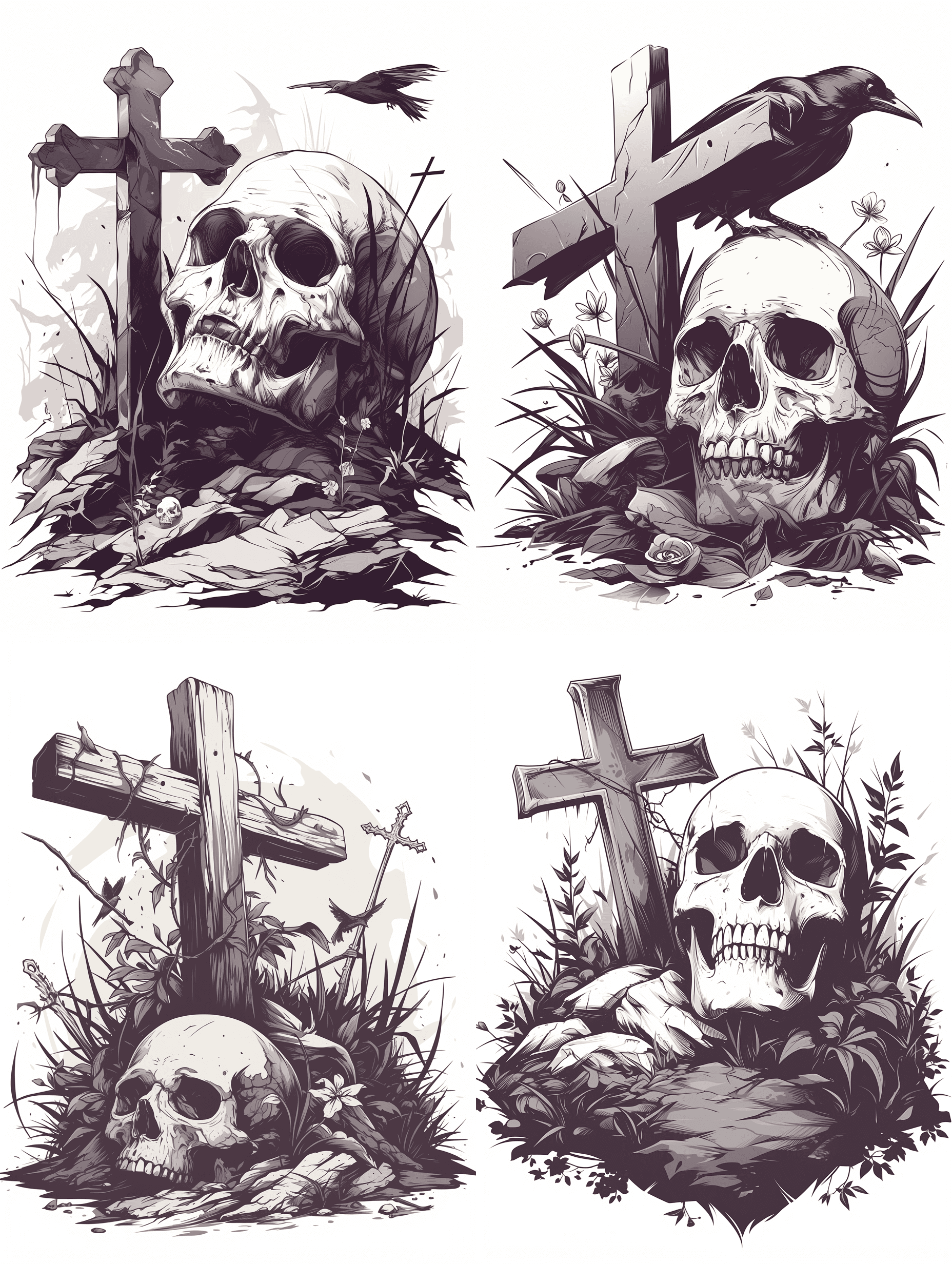 AI generated: A cross is inserted on the ground with a skull next by in the background, days on white background, ...