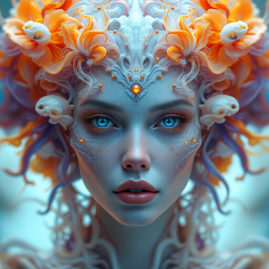 AI generated: Goddess close-up portrait ribcagel. jellyfish phoenix head, nautilus, orchid, skull, betta fish, bio...