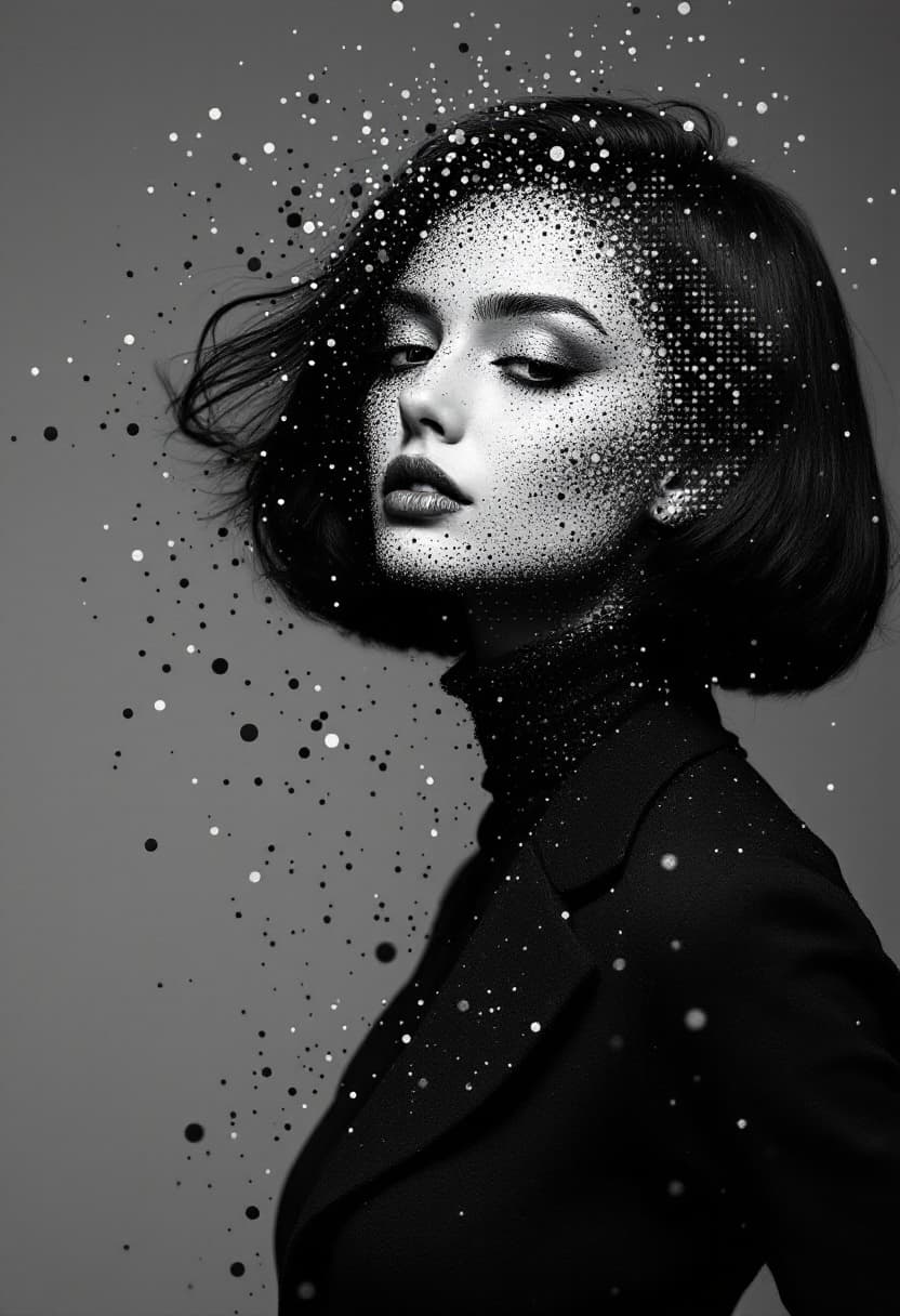 AI generated: black and white figure surrealist portrait of a woman, black hair, styled in a conservative looking ...
