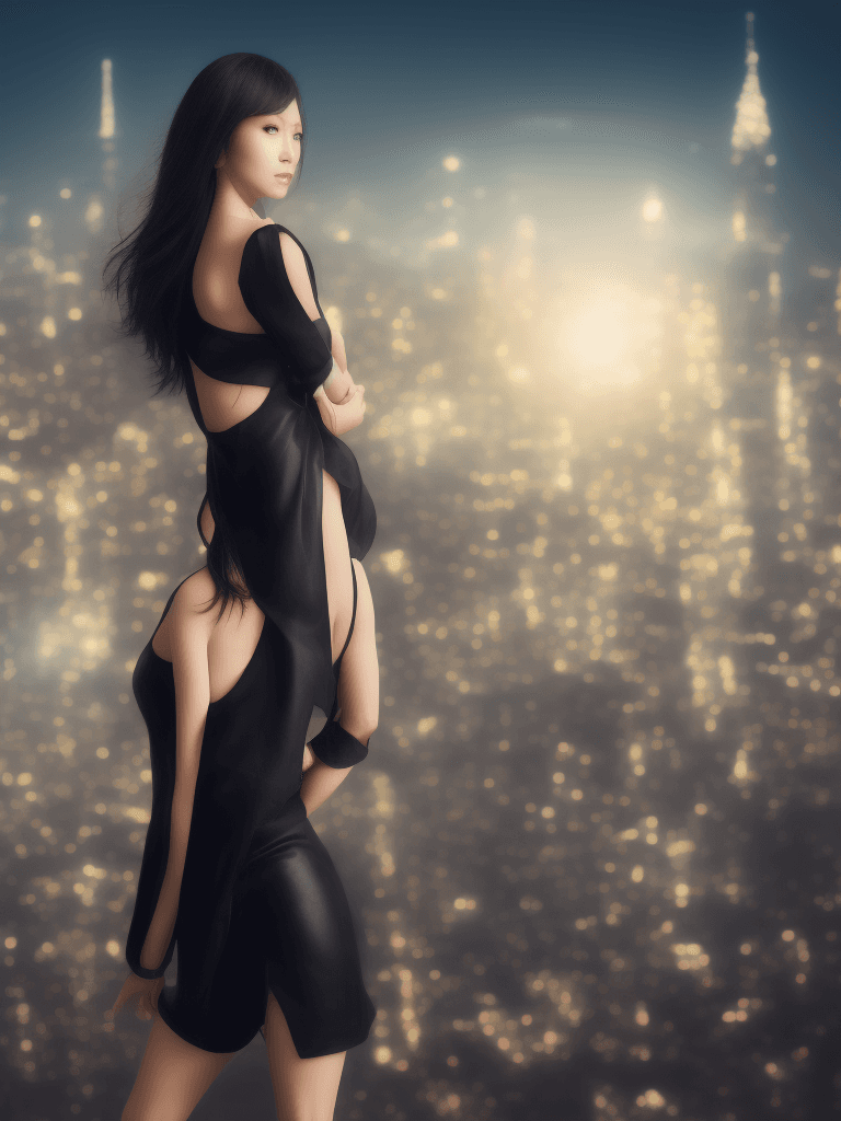 AI generated: full body shot,background city,light cinematic,female,an indonesian,black hair