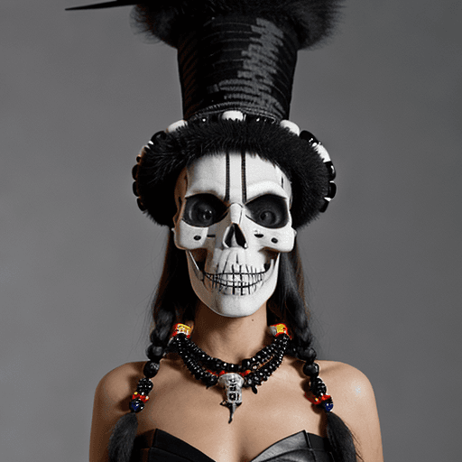 AI generated: Stylized witch doctor with skull face, black lines on face, costume adorned with beads and highly re...