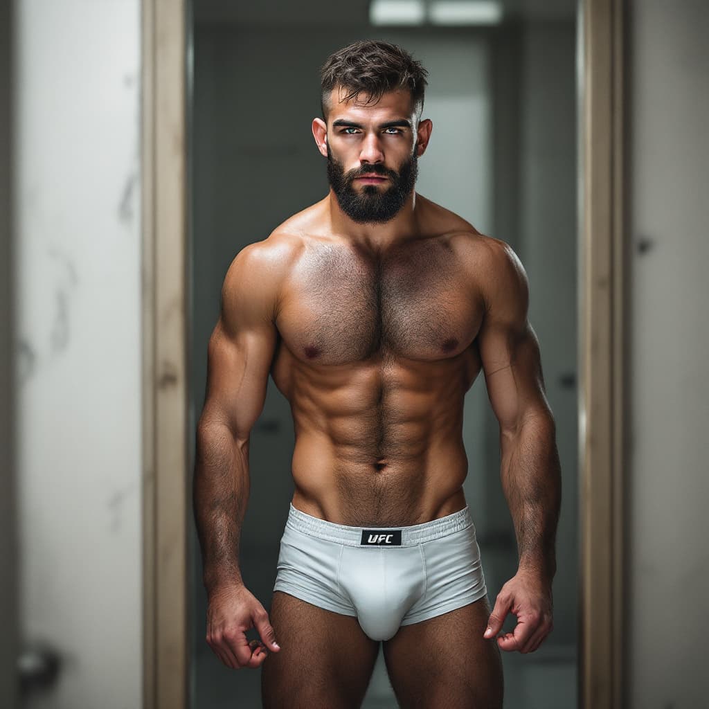 AI generated: Bosnian MMA fighter. 22 years old. Erko Jun. Green eyes. Caucasian. Serious. In front of mirror. Ful...