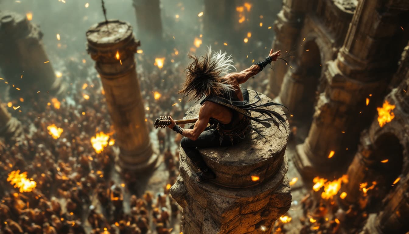 AI generated: High Angle – The Guitarist Balancing on a Fallen Column While Playing a Solo (Dynamic Shot, Slight M...