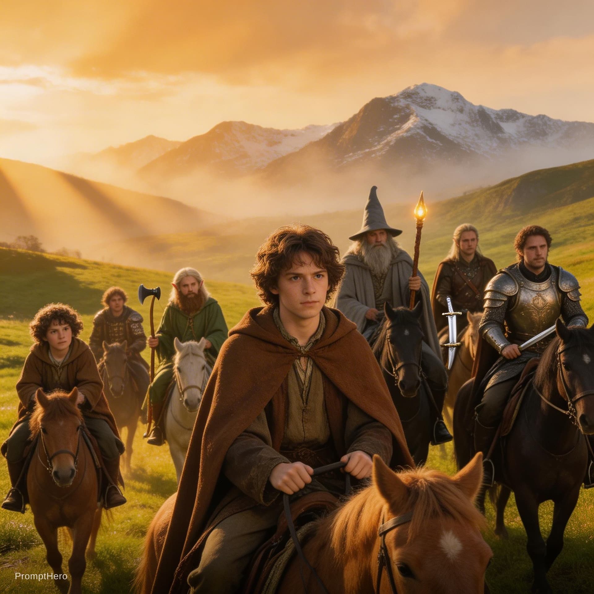 AI generated: Cinematic scene of Frodo Baggins riding a pony, determined expression, golden lighting. In the backg...