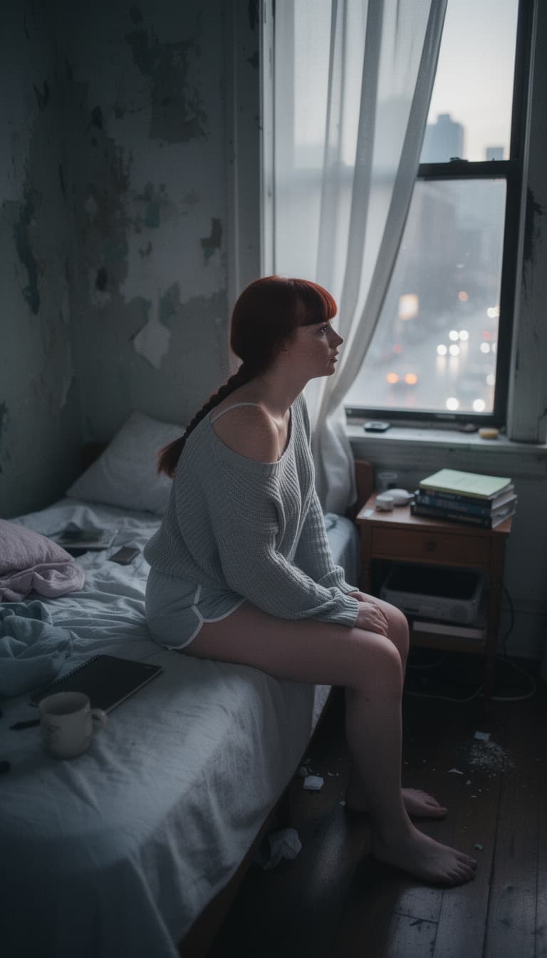 AI generated: Candid documentary scene of a young female perched on the edge of her bed in a narrow city apartment...