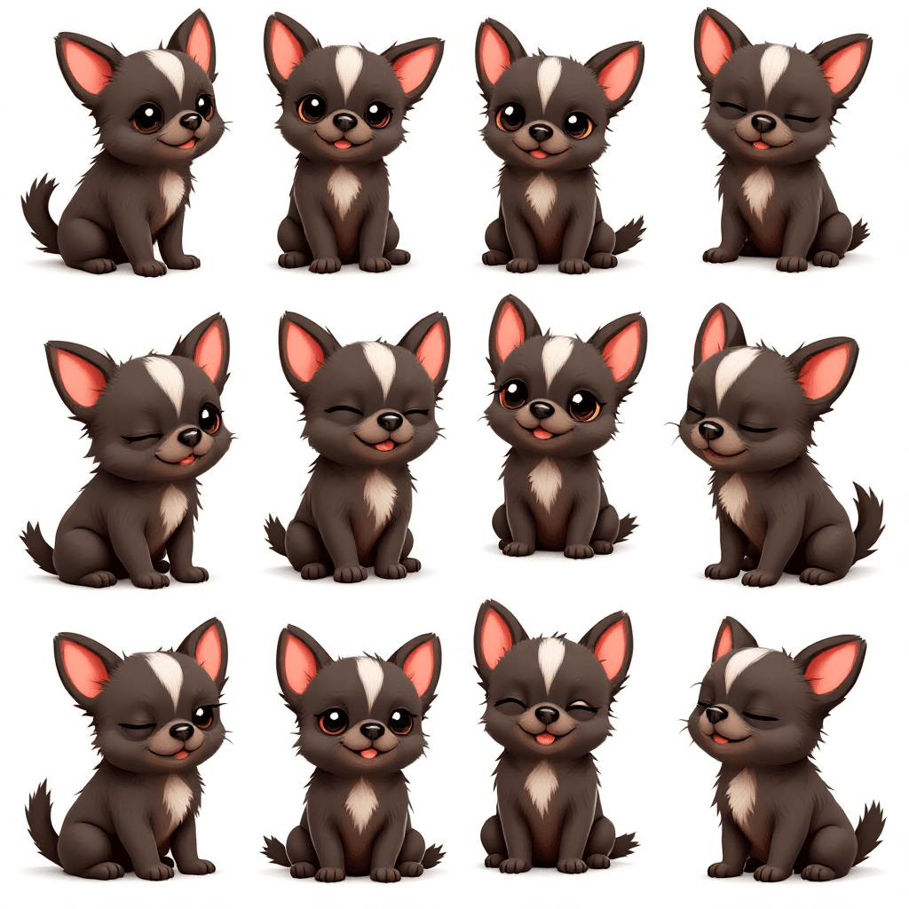 AI generated: "A set of 40 kawaii 3D-rendered cartoon-style images featuring a Chihuahua dog. The dog is a small, ...