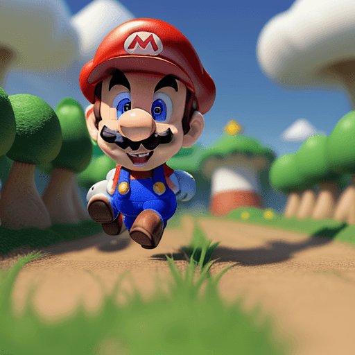 AI generated: Super-Mario running, Mushroom Kingdom background, 32k, closeup, trending on poltcount 3D, game --v 5...