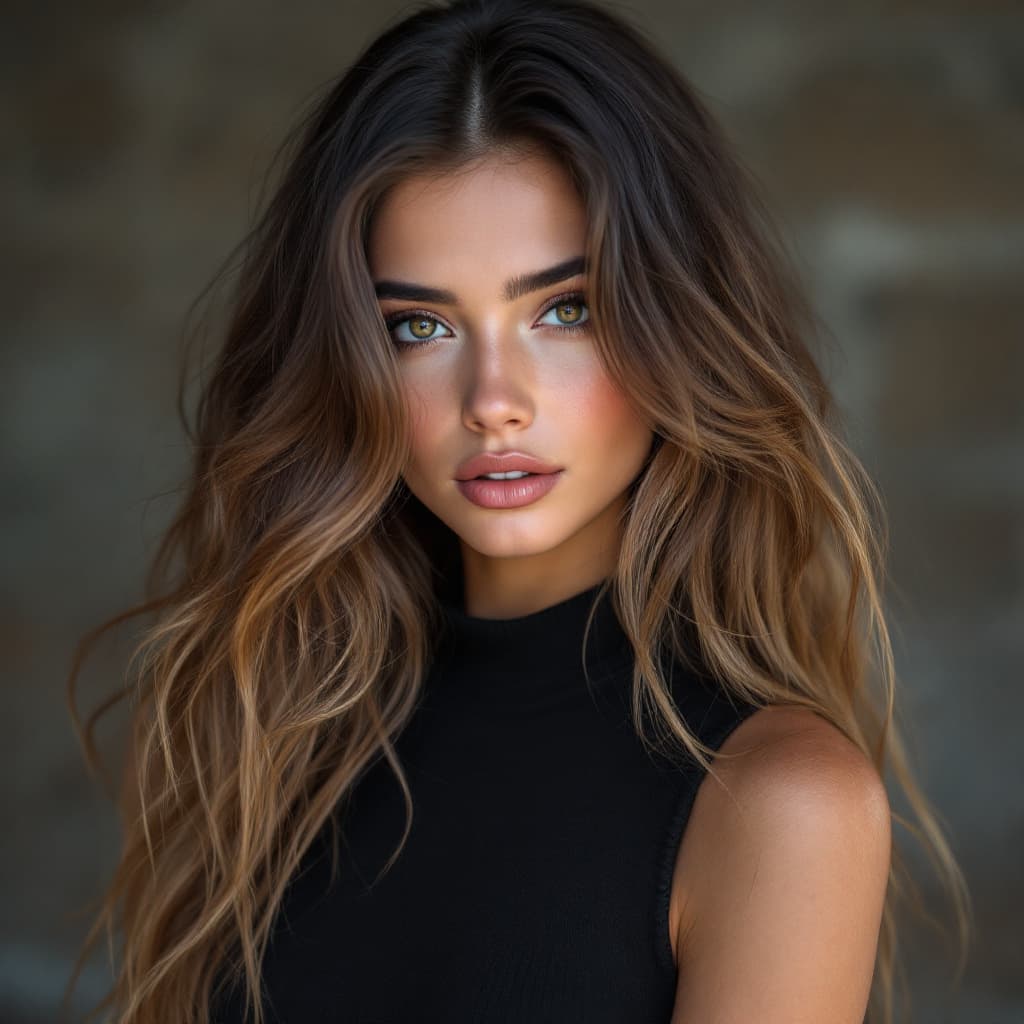 AI generated: a beautiful young woman in black with long hair, in the style of textural layers, reefwave, light br...