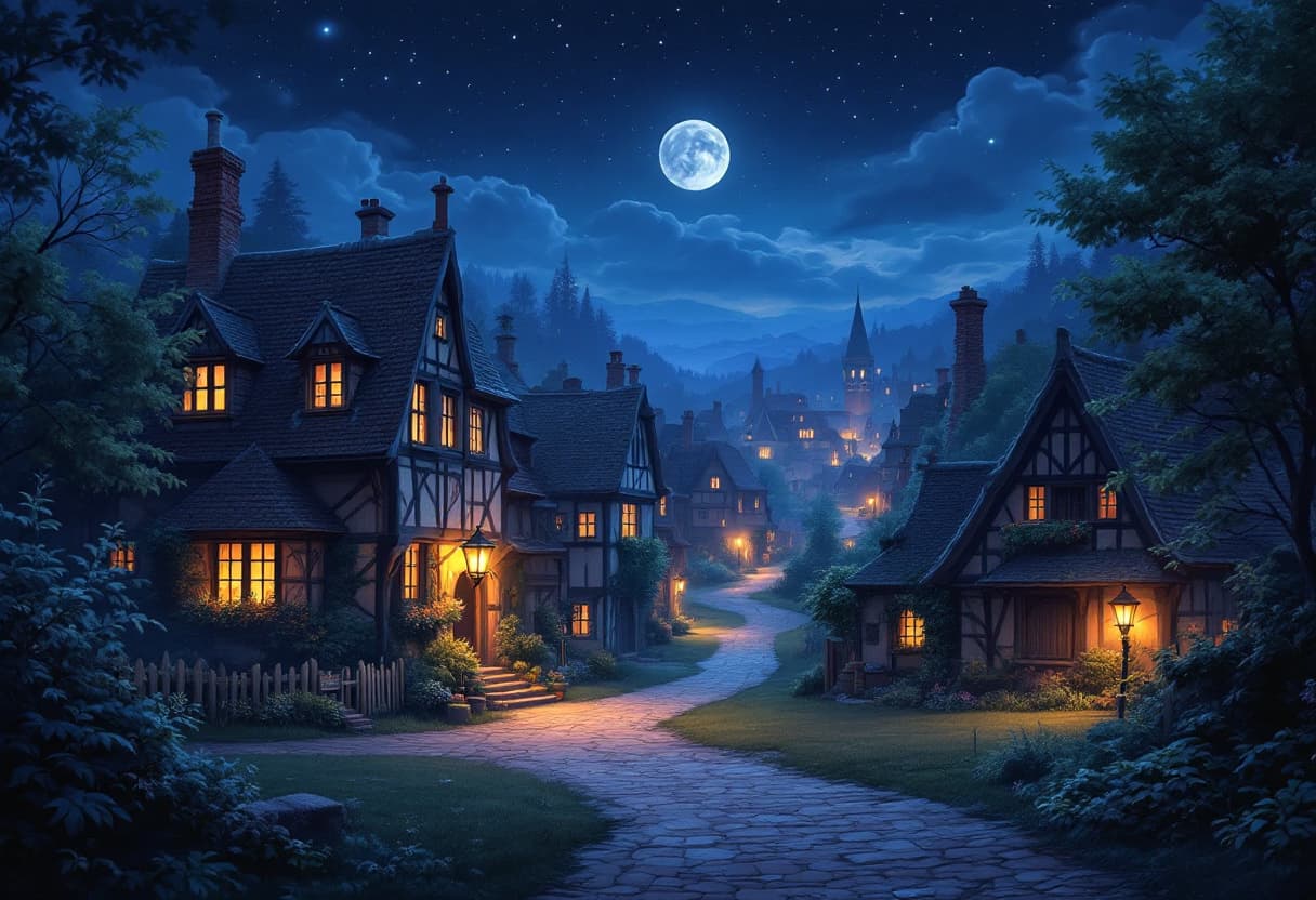 AI generated: 
A night scene of a picturesque village. Clean, crisp and realistic with medieval elements, emphasiz...