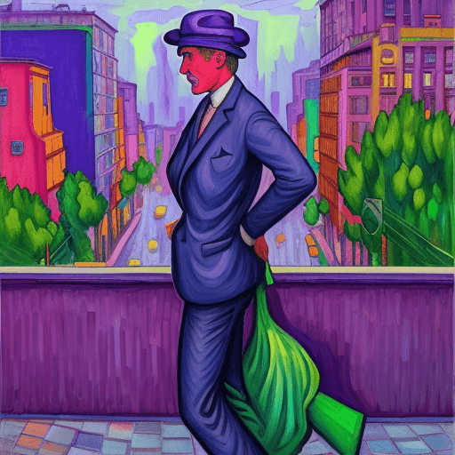 AI generated: Desperation personified, fauvism, cityscape featured inbackground