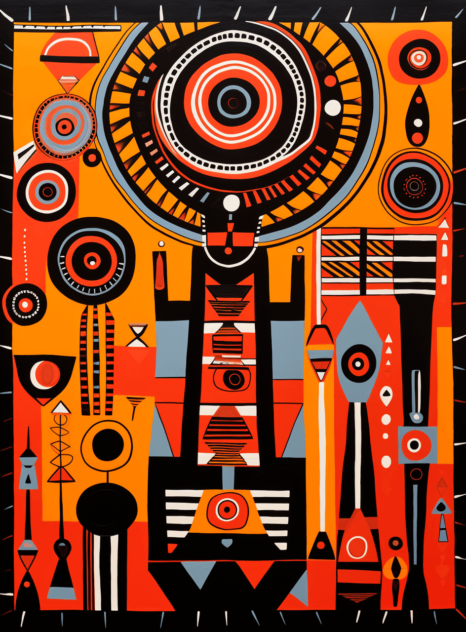AI generated: A South African Zulu painting depicting an abstract depiction of the jet engine, with detailed patte...
