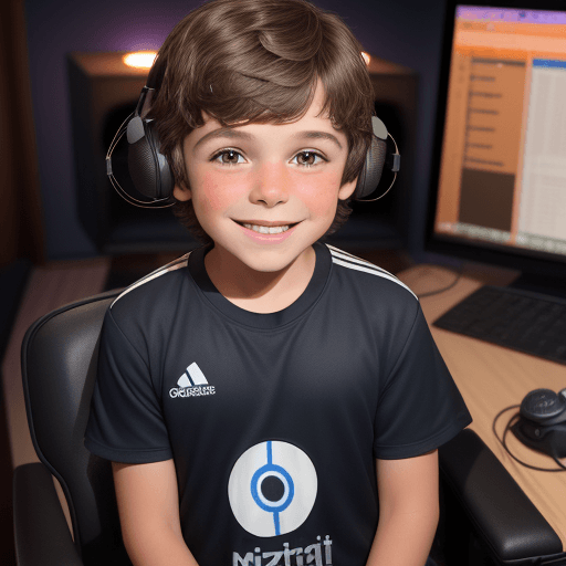 AI generated: an eight-year-old boy, podcaster, brown hair, brown eyes, smiling, in a podcast recording studio, fa...