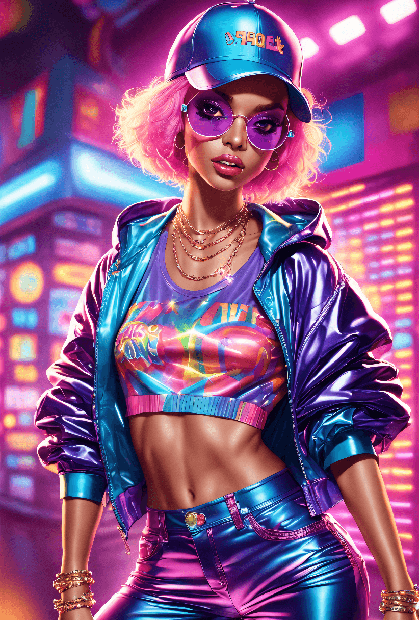 AI generated: disco-themed beautiful young, thin, fit, short messy hair, intrincate details, baggy pants, t-shirt,...