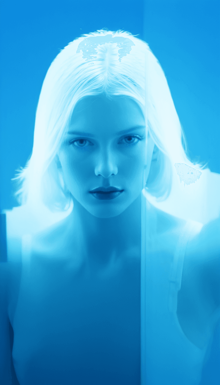 AI generated: digital art, fashion editorial, a close portrait of beautiful blond woman is studio double exposure ...