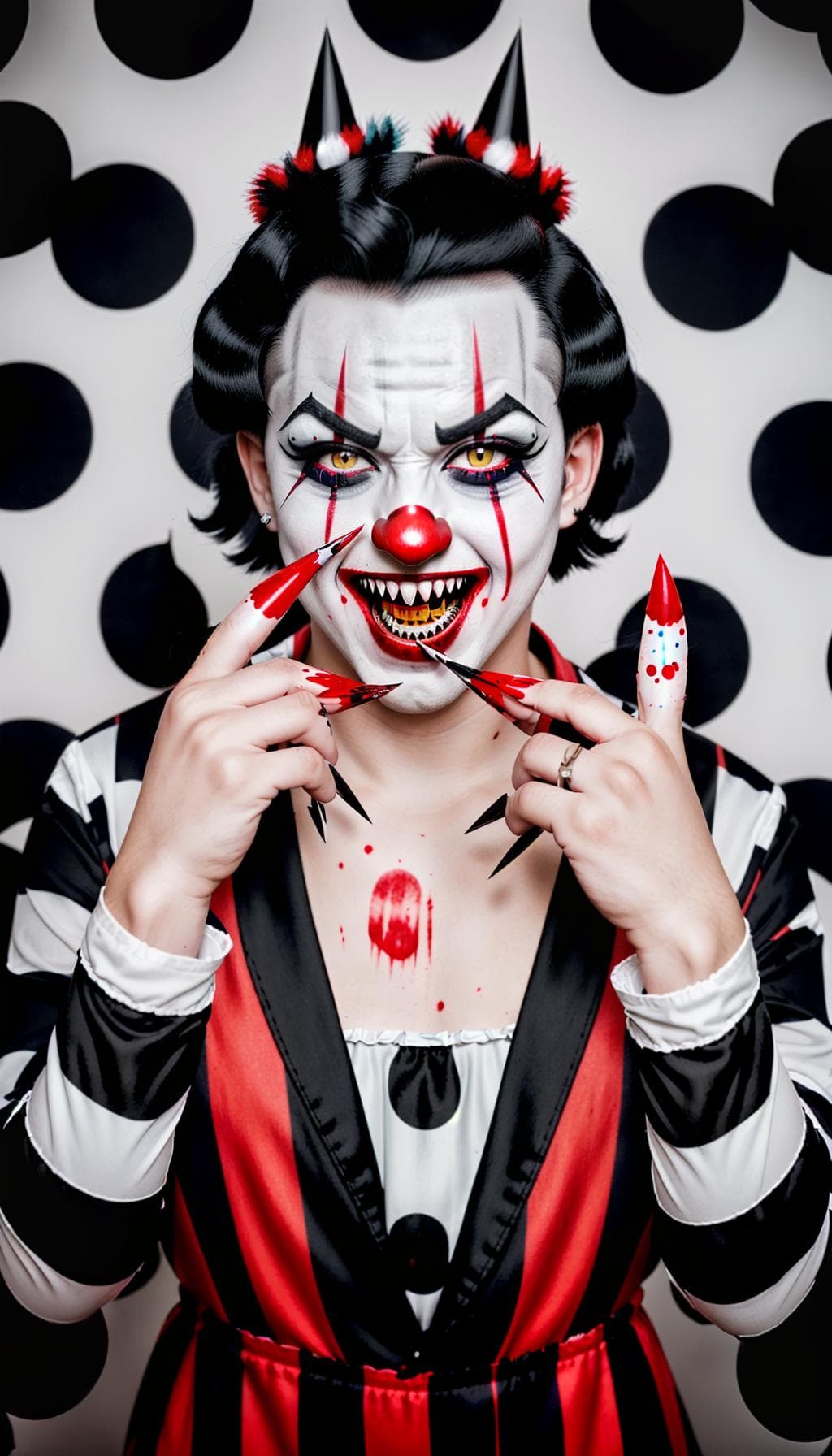 AI generated: evil clown dressed in half striped and half polka dot jumpsuit, laughing with blood on his pointy ra...