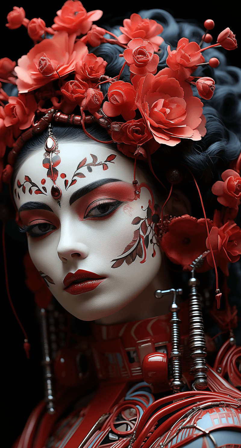 AI generated: the geisha with the flowers on her face, in the style of futuristic robots, cinematic montages, appr...