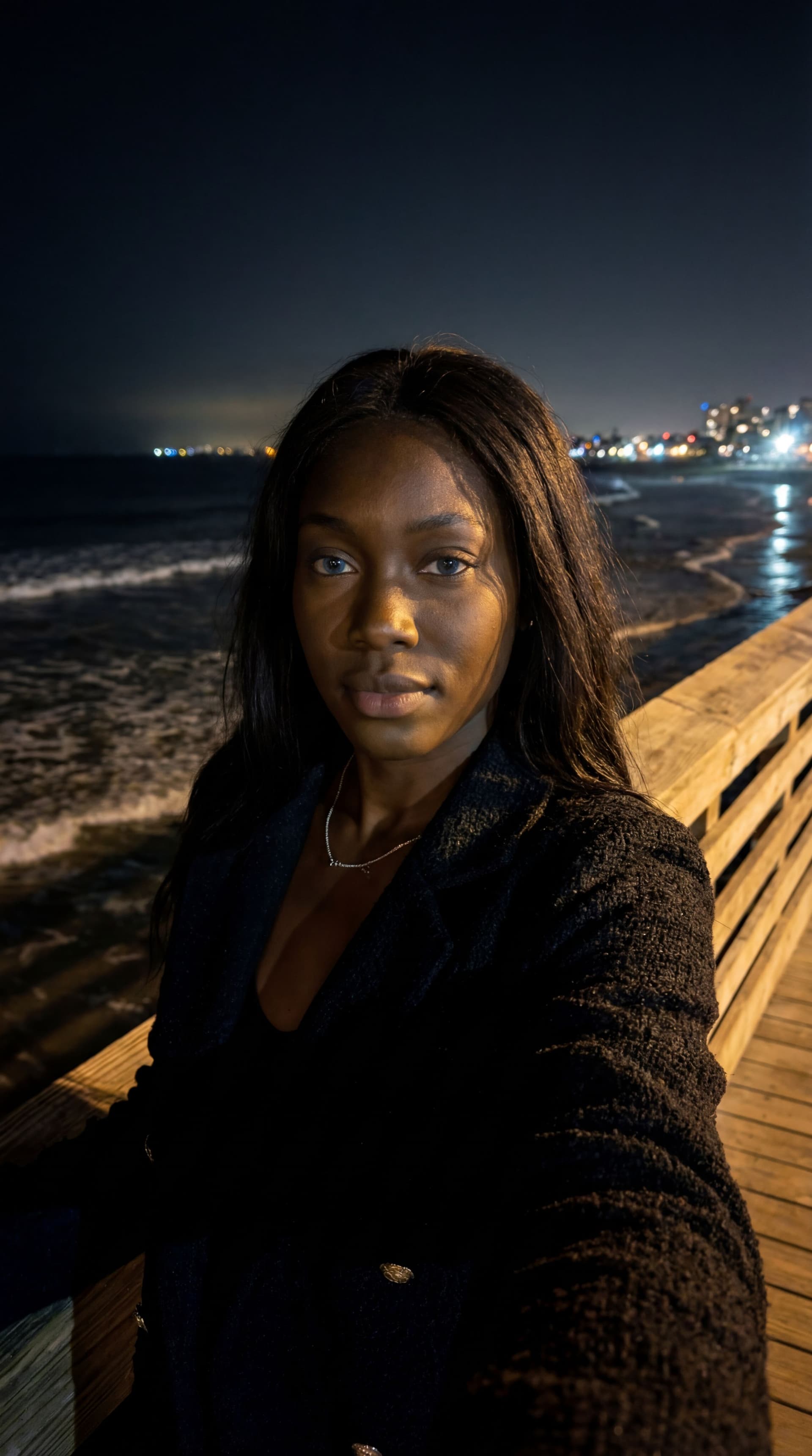 AI generated: An ultra-realistic, cinematic smartphone-style selfie photograph, captured at night near the New Yor...