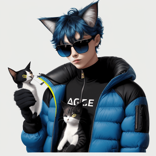 AI generated: Humanoid Male Cat with Azure Puffer Jacket and Black Sunglasses