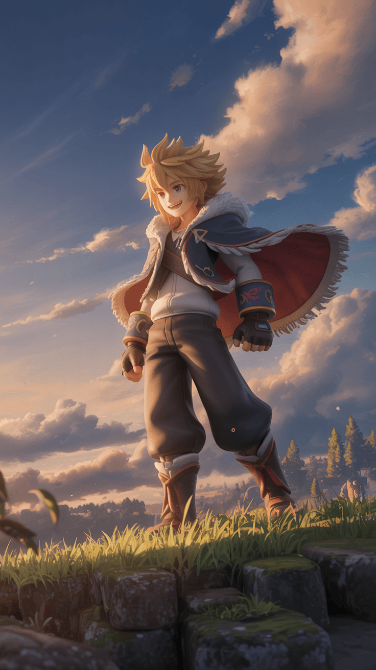 AI generated: A 3D anime character standing proudly on a grassy hilltop with wind blowing through their dynamic ha...