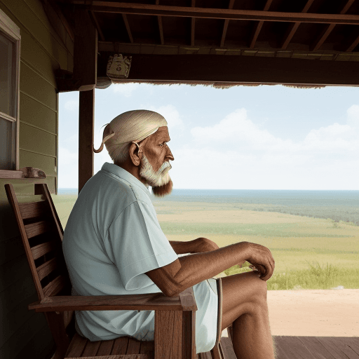 AI generated:  An old man, Ram, sitting on his porch, looking out at the horizon with a peaceful expression. 