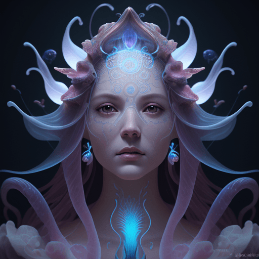 AI generated: Goddess close-up portrait ribcagel. jellyfish phoenix head, nautilus, orchid, skull, betta fish, bio...