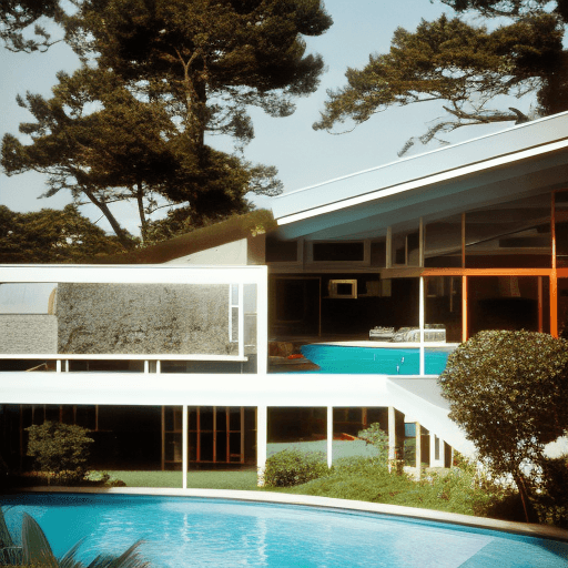 AI generated: Hyper realistic eye level exterior photo of a mid century modern style house overlooking the ocean, ...