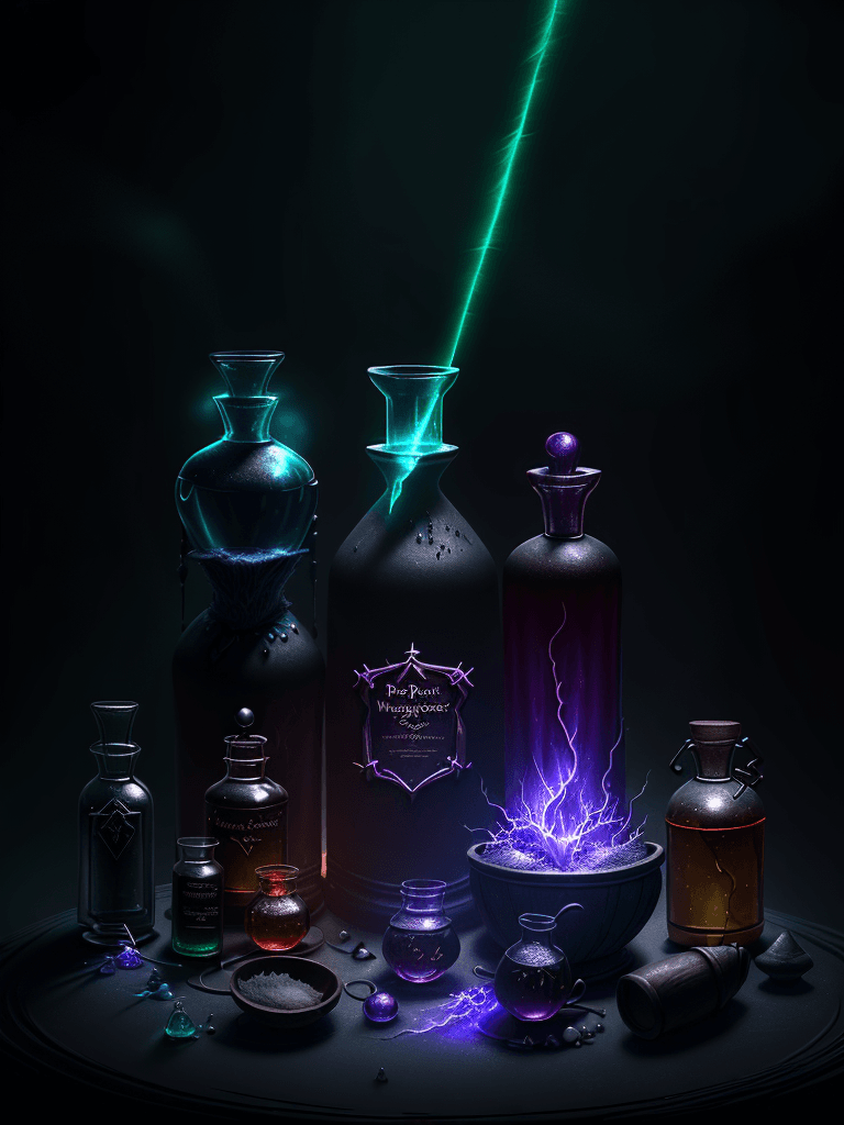 AI generated: 3/4 view of a potions and ingredients, magical style, digital painting, extraordinary, 4K render, bl...