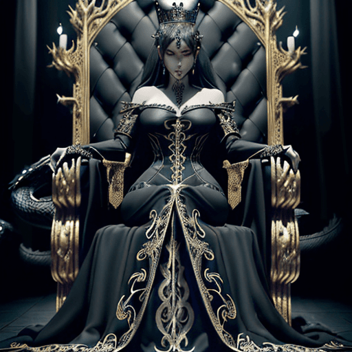 AI generated: A very beautiful queen, Long, low-cut black medieval dress with Swarovski crystal inlays, sitting on...