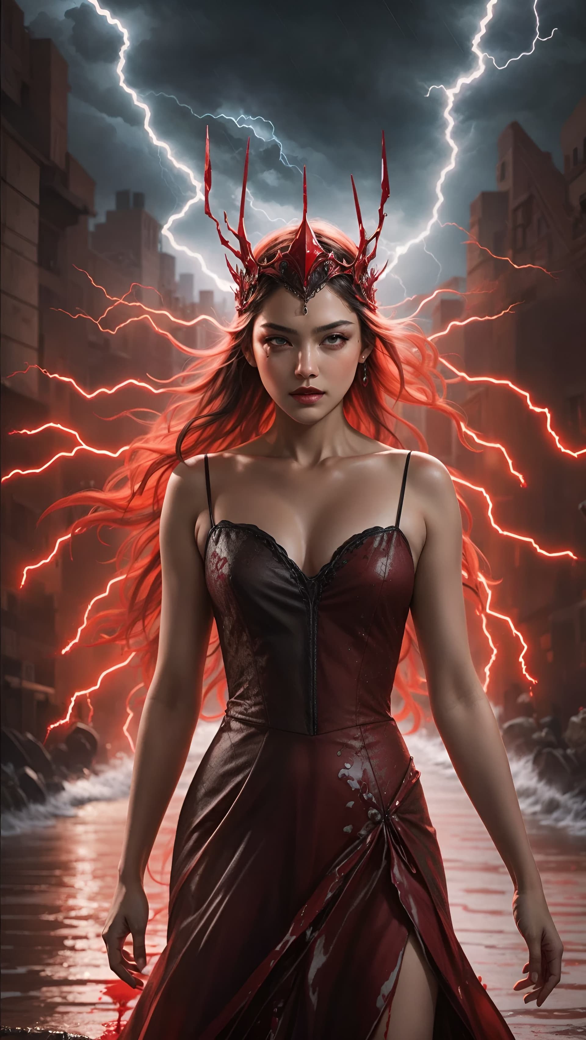 AI generated: ( a woman in rain), photorealistic, liquid headdress, dark witch headdress, extravagant dress, (ligh...